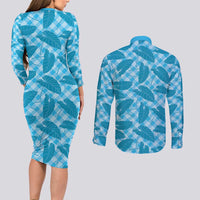 Blue Hawaii Kalo Palaka Motifs Couples Matching Long Sleeve Bodycon Dress and Long Sleeve Button Shirt Hawaiian Taro Leaves Elegant Vibes - Polynesian Pride