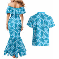 Blue Hawaii Kalo Palaka Motifs Couples Matching Mermaid Dress and Hawaiian Shirt Hawaiian Taro Leaves Elegant Vibes - Polynesian Pride