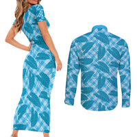 Blue Hawaii Kalo Palaka Motifs Couples Matching Short Sleeve Bodycon Dress and Long Sleeve Button Shirt Hawaiian Taro Leaves Elegant Vibes - Polynesian Pride