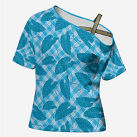 Blue Hawaii Kalo Palaka Motifs Cross Shoulder Shirt Hawaiian Taro Leaves Elegant Vibes - Polynesian Pride