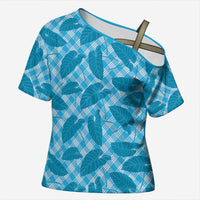 Blue Hawaii Kalo Palaka Motifs Cross Shoulder Shirt Hawaiian Taro Leaves Elegant Vibes LT14 Female Blue - Polynesian Pride