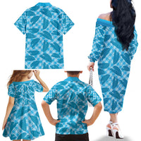 Blue Hawaii Kalo Palaka Motifs Family Matching Off The Shoulder Long Sleeve Dress and Hawaiian Shirt Hawaiian Taro Leaves Elegant Vibes - Polynesian Pride