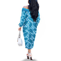 Blue Hawaii Kalo Palaka Motifs Family Matching Off The Shoulder Long Sleeve Dress and Hawaiian Shirt Hawaiian Taro Leaves Elegant Vibes - Polynesian Pride