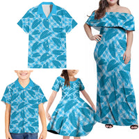Blue Hawaii Kalo Palaka Motifs Family Matching Off Shoulder Maxi Dress and Hawaiian Shirt Hawaiian Taro Leaves Elegant Vibes LT14 - Polynesian Pride