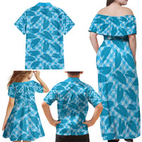 Blue Hawaii Kalo Palaka Motifs Family Matching Off Shoulder Maxi Dress and Hawaiian Shirt Hawaiian Taro Leaves Elegant Vibes - Polynesian Pride