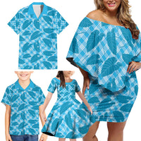 Blue Hawaii Kalo Palaka Motifs Family Matching Off Shoulder Short Dress and Hawaiian Shirt Hawaiian Taro Leaves Elegant Vibes - Polynesian Pride
