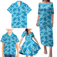 Blue Hawaii Kalo Palaka Motifs Family Matching Puletasi and Hawaiian Shirt Hawaiian Taro Leaves Elegant Vibes - Polynesian Pride