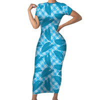 Blue Hawaii Kalo Palaka Motifs Family Matching Short Sleeve Bodycon Dress and Hawaiian Shirt Hawaiian Taro Leaves Elegant Vibes LT14 Mom's Dress Blue - Polynesian Pride