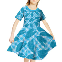 Blue Hawaii Kalo Palaka Motifs Kid Short Sleeve Dress Hawaiian Taro Leaves Elegant Vibes - Polynesian Pride