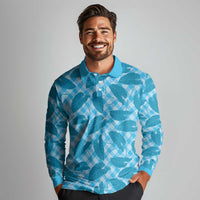 Blue Hawaii Kalo Palaka Motifs Long Sleeve Polo Shirt Hawaiian Taro Leaves Elegant Vibes - Polynesian Pride
