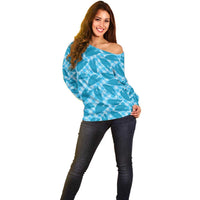 Blue Hawaii Kalo Palaka Motifs Off Shoulder Sweater Hawaiian Taro Leaves Elegant Vibes - Polynesian Pride