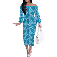 Blue Hawaii Kalo Palaka Motifs Off The Shoulder Long Sleeve Dress Hawaiian Taro Leaves Elegant Vibes - Polynesian Pride