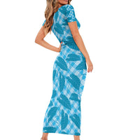 Blue Hawaii Kalo Palaka Motifs Short Sleeve Bodycon Dress Hawaiian Taro Leaves Elegant Vibes - Polynesian Pride