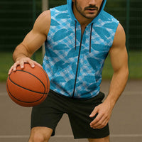 Blue Hawaii Kalo Palaka Motifs Sleeveless Zip Hoodie Hawaiian Taro Leaves Elegant Vibes - Polynesian Pride