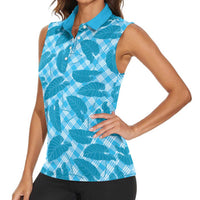 Blue Hawaii Kalo Palaka Motifs Women Sleeveless Polo Shirt Hawaiian Taro Leaves Elegant Vibes - Polynesian Pride