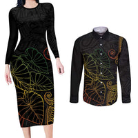 Aloha Hawaii Kalo Couples Matching Long Sleeve Bodycon Dress and Long Sleeve Button Shirt Reggae Taro Polynesian Pattern - Polynesian Pride