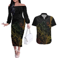 Aloha Hawaii Kalo Couples Matching Off The Shoulder Long Sleeve Dress and Hawaiian Shirt Reggae Taro Polynesian Pattern LT14 Black - Polynesian Pride
