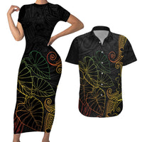 Aloha Hawaii Kalo Couples Matching Short Sleeve Bodycon Dress and Hawaiian Shirt Reggae Taro Polynesian Pattern LT14 Black - Polynesian Pride