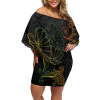 Aloha Hawaii Kalo Family Matching Off Shoulder Short Dress and Hawaiian Shirt Reggae Taro Polynesian Pattern LT14 Mom's Dress Black - Polynesian Pride