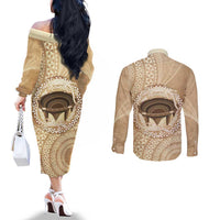 Tonga Skink Kava Bowl Couples Matching Off The Shoulder Long Sleeve Dress and Long Sleeve Button Shirt Vintage Tongan Ngatu Pattern LT14 - Polynesian Pride