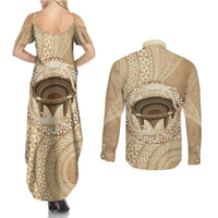 Tonga Skink Kava Bowl Couples Matching Summer Maxi Dress and Long Sleeve Button Shirt Vintage Tongan Ngatu Pattern LT14 - Polynesian Pride