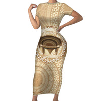 Tonga Skink Kava Bowl Family Matching Short Sleeve Bodycon Dress and Hawaiian Shirt Vintage Tongan Ngatu Pattern LT14 Mom's Dress Brown - Polynesian Pride