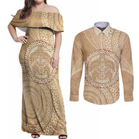 Tonga Ngatu Turtle Couples Matching Off Shoulder Maxi Dress and Long Sleeve Button Shirt Vintage Tongan Tapa Cloth LT14 Brown - Polynesian Pride