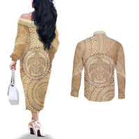 Tonga Ngatu Turtle Couples Matching Off The Shoulder Long Sleeve Dress and Long Sleeve Button Shirt Vintage Tongan Tapa Cloth LT14 - Polynesian Pride