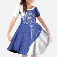Queen Salote College 100th Anniversary Personalized Family Matching Long Sleeve Bodycon Dress and Hawaiian Shirt Est 1926 Kolisi Fefine Tongan Ngatu Pattern LT14 Daughter's Dress Blue - Polynesian Pride