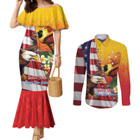 Personalised United States And Papua New Guinea Couples Matching Mermaid Dress and Long Sleeve Button Shirt USA Eagle With PNG Bird Of Paradise