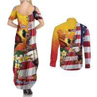 Personalised United States And Papua New Guinea Couples Matching Summer Maxi Dress and Long Sleeve Button Shirt USA Eagle With PNG Bird Of Paradise