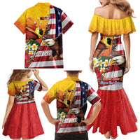Personalised United States And Papua New Guinea Family Matching Mermaid Dress and Hawaiian Shirt USA Eagle With PNG Bird Of Paradise