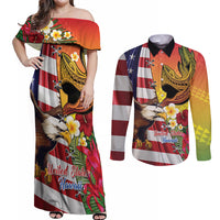 Personalised United States And Hawaii Couples Matching Off Shoulder Maxi Dress and Long Sleeve Button Shirt USA Eagle With Hawaiian Shark Tattoo LT14 Red - Polynesian Pride