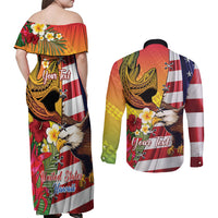 Personalised United States And Hawaii Couples Matching Off Shoulder Maxi Dress and Long Sleeve Button Shirt USA Eagle With Hawaiian Shark Tattoo LT14 - Polynesian Pride