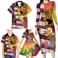 Personalised United States And Hawaii Family Matching Long Sleeve Bodycon Dress and Hawaiian Shirt USA Eagle With Hawaiian Shark Tattoo LT14 - Polynesian Pride