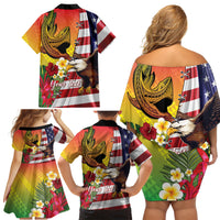 Personalised United States And Hawaii Family Matching Off Shoulder Short Dress and Hawaiian Shirt USA Eagle With Hawaiian Shark Tattoo LT14 - Polynesian Pride