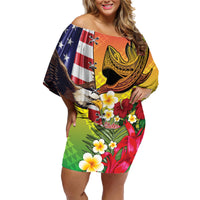 Personalised United States And Hawaii Family Matching Off Shoulder Short Dress and Hawaiian Shirt USA Eagle With Hawaiian Shark Tattoo LT14 Mom's Dress Red - Polynesian Pride