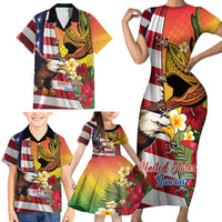 Personalised United States And Hawaii Family Matching Short Sleeve Bodycon Dress and Hawaiian Shirt USA Eagle With Hawaiian Shark Tattoo LT14 - Polynesian Pride