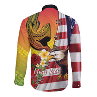 Personalised United States And Hawaii Long Sleeve Button Shirt USA Eagle With Hawaiian Shark Tattoo