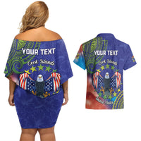 Personalised United States And Cook Islands Couples Matching Off Shoulder Short Dress and Hawaiian Shirt USA Eagle Mix Polynesian Pattern LT14 - Polynesian Pride