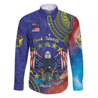 Personalised United States And Cook Islands Family Matching Puletasi and Hawaiian Shirt USA Eagle Mix Polynesian Pattern LT14 Dad's Shirt - Long Sleeve Blue - Polynesian Pride
