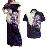 Purple Galaxy Polynesia Tribal Octopus Tattoo Couples Matching Off Shoulder Maxi Dress and Hawaiian Shirt Pikake Lei Polynesian Pattern LT14 Purple - Polynesian Pride