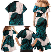 Teal Galaxy Polynesia Tribal Octopus Tattoo Family Matching Mermaid Dress and Hawaiian Shirt Pikake Lei Polynesian Pattern