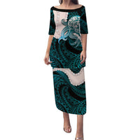 Teal Galaxy Polynesia Tribal Octopus Tattoo Puletasi Pikake Lei Polynesian Pattern LT14 Long Dress Teal - Polynesian Pride