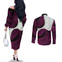 Pink Galaxy Polynesia Tribal Octopus Tattoo Couples Matching Off The Shoulder Long Sleeve Dress and Long Sleeve Button Shirt Pikake Lei Polynesian Pattern LT14 - Polynesian Pride