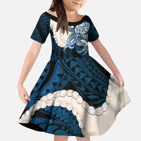 Blue Galaxy Polynesia Tribal Octopus Tattoo Family Matching Off Shoulder Maxi Dress and Hawaiian Shirt Pikake Lei Polynesian Pattern LT14 Daughter's Dress Blue - Polynesian Pride