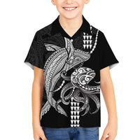 Kanaloa Aloha Hawaii Family Matching Puletasi and Hawaiian Shirt Humpback Whale Octopus Tattoo Kakau Pattern LT14 Son's Shirt Black - Polynesian Pride