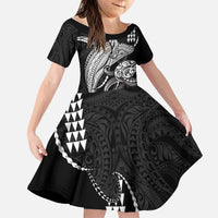 Kanaloa Aloha Hawaii Family Matching Summer Maxi Dress and Hawaiian Shirt Humpback Whale Octopus Tattoo Kakau Pattern LT14 Daughter's Dress Black - Polynesian Pride