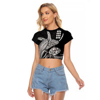 Kanaloa Aloha Hawaii Raglan Cropped T Shirt Humpback Whale Octopus Tattoo Kakau Pattern
