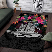 Personalised Hawaii Area Rug Humpback Whale Tattoo With Tropical Flowers Black LT14 Black - Polynesian Pride